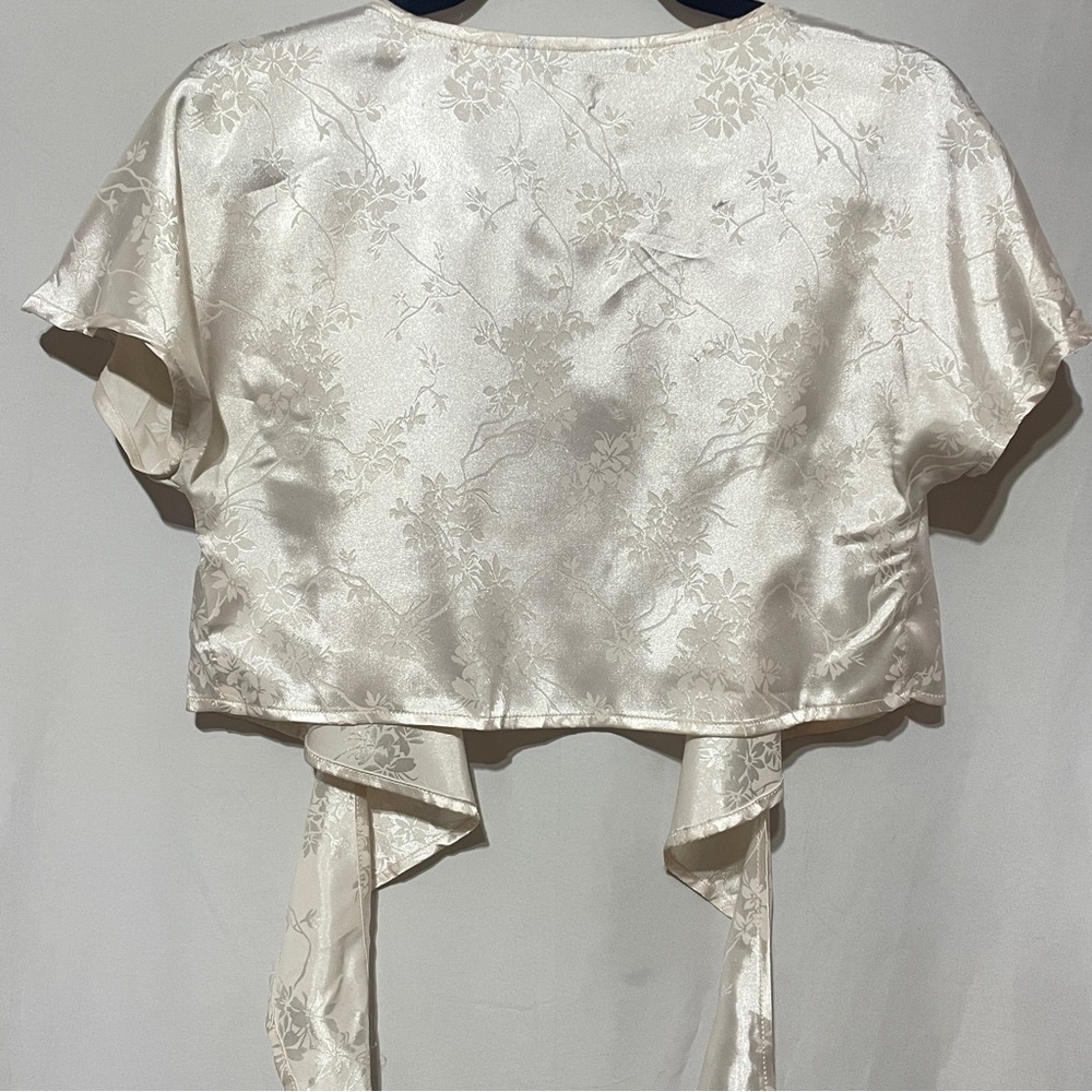 Satin Wrap Crop Top Cream Floral Jacquard Cap Sleeves - Picture 7 of 10